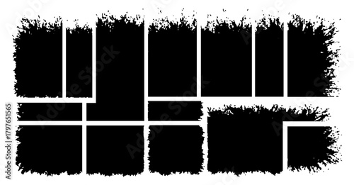Abstract photo collage grid layout template with rough grunge textures, geometric sections, and distressed black edges on white background.