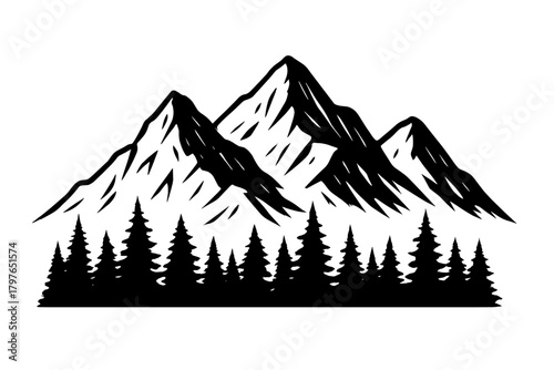 Stylized black graphic depicting rugged mountain peaks and dense evergreen forest landscape
