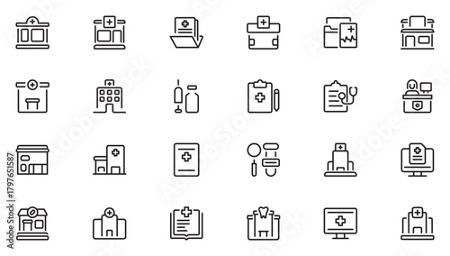 Clinic line icon set. Featuring test, medical, diagnostic, diagnosis, laboratory and more. Thin outline icons pack. Vector illustration
