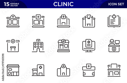 Clinic line icon set. Featuring test, medical, diagnostic, diagnosis, laboratory and more. Thin outline icons pack. Vector illustration