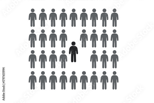 Single black figure standing out from a large crowd of gray icons symbolizing individuality and difference