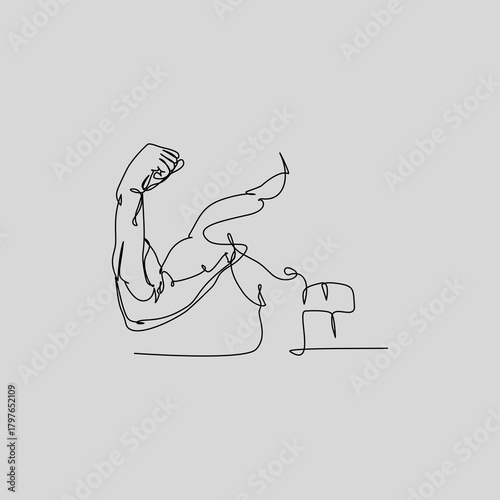 A single continuous line drawing of a flexing bicep muscle. This minimalist illustration symbolizes strength, power, and fitness, perfect for gym or wellness designs.