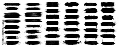 Large collection of various horizontal grunge paint brush strokes, distressed black vector elements and artistic textures.