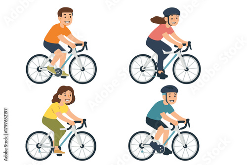 Diverse group of four adults cycling outdoors promoting fitness and healthy lifestyle