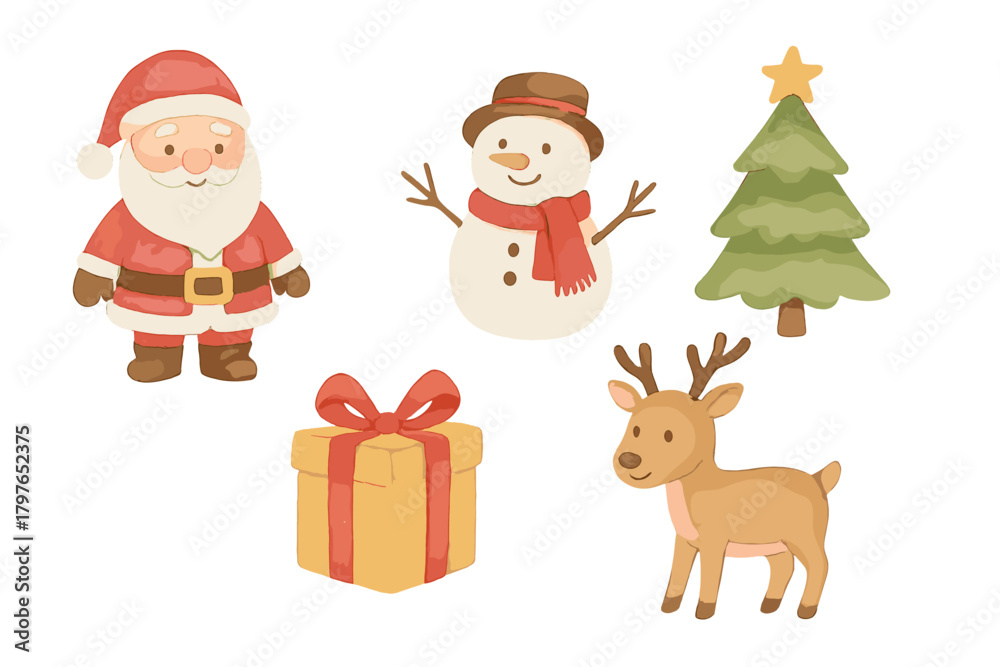 Fototapeta premium Cute watercolor Christmas set with Santa Claus, snowman, reindeer, and pine tree elements