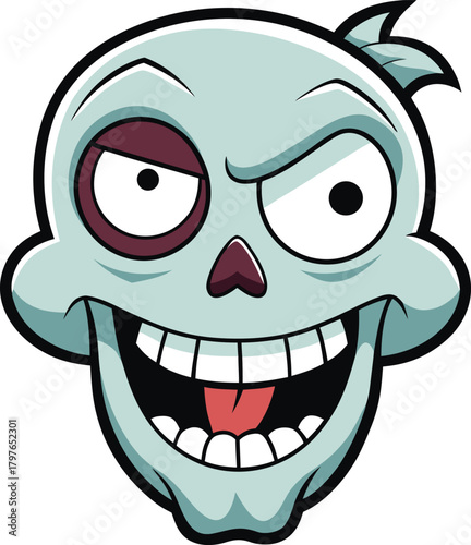 Cartoon skull mascot vector with goofy expression, winking eye socket big smile bold outline humorous zombie skull character in fun Halloween style