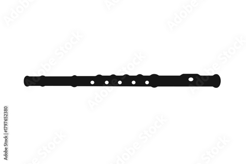 Horizontal black silhouette of a woodwind instrument like a flute or recorder with finger holes