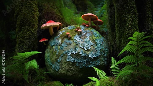 Vibrant Red Mushrooms on Mossy Boulder in Enchanted Forest
