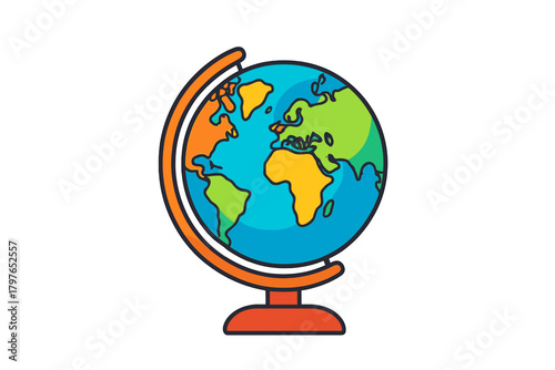 Brightly colored terrestrial globe with world map continents and oceans on a stand for education