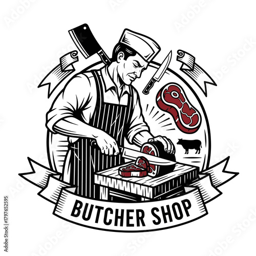 Butcher meticulously cuts meat at butcher shop, preparing fresh cuts for customers.
