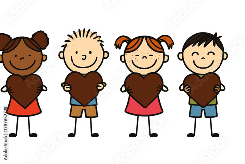 Diverse happy children holding large brown hearts symbolizing love and friendship