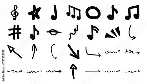 Hand drawn musical notes and arrows collection