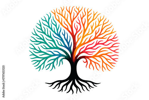 Abstract Tree of Life symbol with vibrant colorful branches and strong black roots