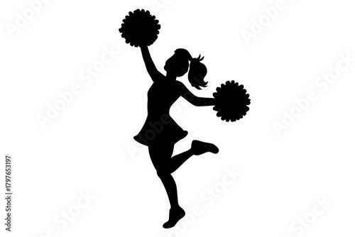 Black silhouette of a female cheerleader jumping high with pom-poms raised in a dynamic pose