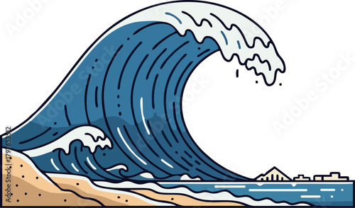 Tsunami illustration. Giant wave hitting coastal city on the beach. Natural disaster warning and climate crisis.