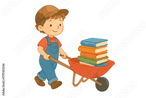 Smiling boy wearing overalls pushing a wheelbarrow loaded with colorful books