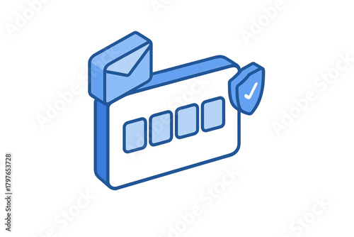 Isometric security shield and envelope with four-digit verification code input field