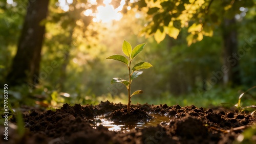 A tiny, bright green sapling is newly planted in dark soil, with a small pool of water around its base, illuminated by the warm, atmospheric sunlight filtering through the dense forest.