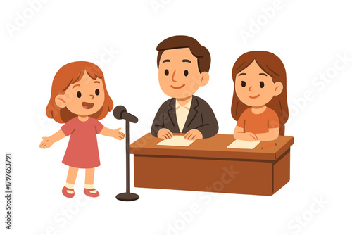 Young student giving a public speech into a microphone during a school competition