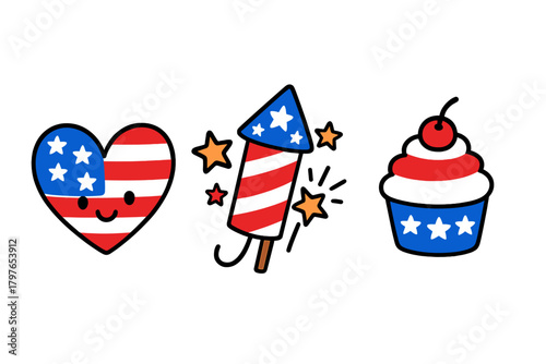Cute patriotic icons set with American flag heart firework and festive cupcake