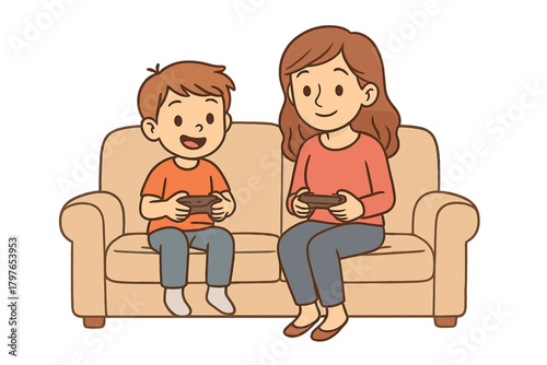 Joyful mother and son bonding while playing video games on a comfortable sofa