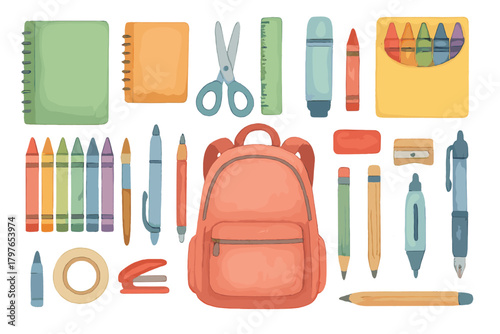 Watercolor school supplies collection with backpack, notebooks, crayons, pencils, and scissors
