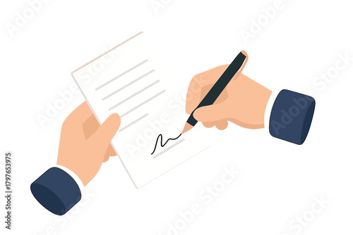 Professional hands signing a formal agreement document with a pen symbolizing business deal completion