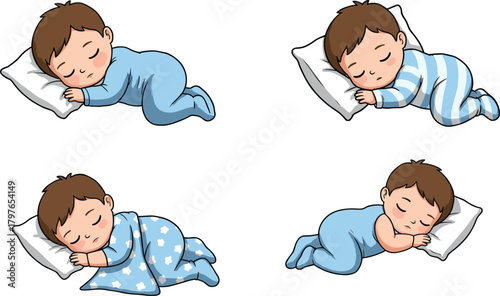 Cartoon baby sleeping, peaceful infant, blue onesie, bedtime pose, nursery illustration, cute toddler, rest, comfort, childcare, parenting, nap