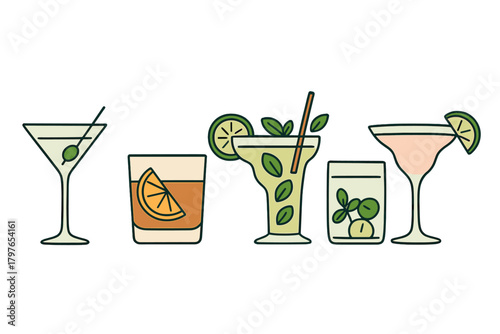 Assortment of classic and tropical mixed drinks in various cocktail glasses