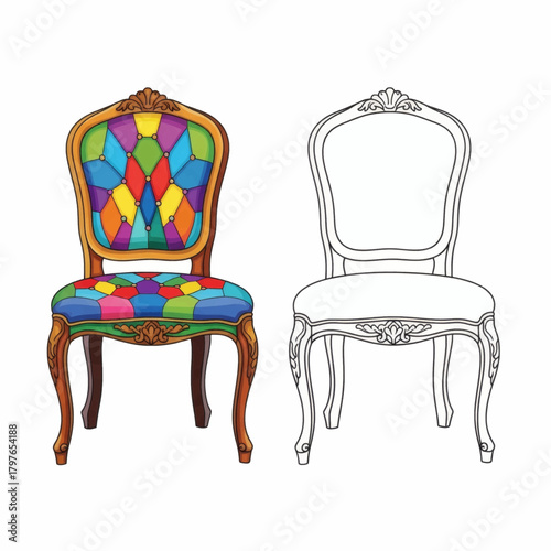 Elegant Baroque chair vector set featuring vibrant geometric upholstery and classic outline design for luxurious interior concepts