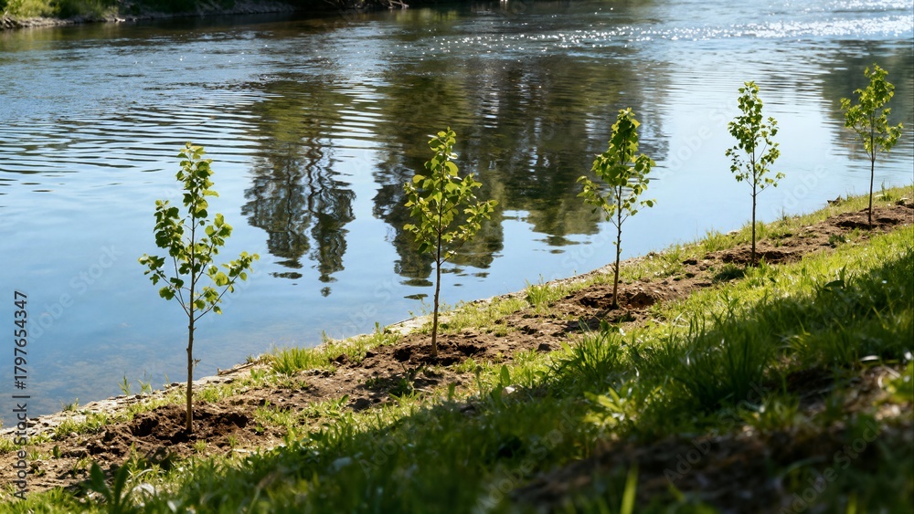Fototapeta premium A line of young trees is newly planted on the earthen bank of a river or stream, with reflections shimmering on the water's surface under bright sunlight, promoting water edge restoration.