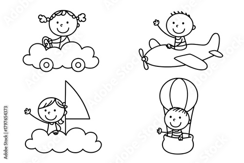 Happy children flying, sailing, and driving imaginative vehicles like a cloud car and hot air balloon