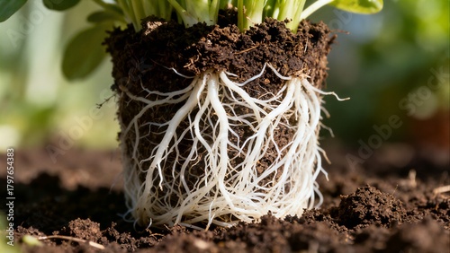 A macro view of a healthy, tightly bound white root ball removed from its pot, sitting on dark soil, illustrating the intricate structure of the roots during the transplanting process.