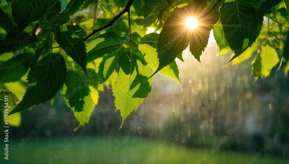 Obraz premium Rain-soaked tree backdrop, seasonal change, nature observation