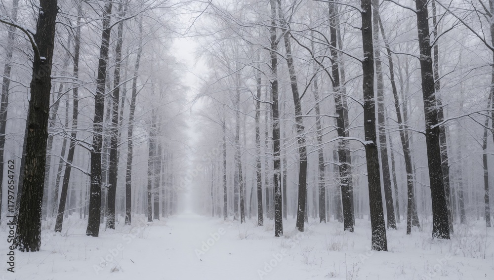 Fototapeta premium Winter forest scene with rhythmic trees, snow-covered surroundings, seasonal change