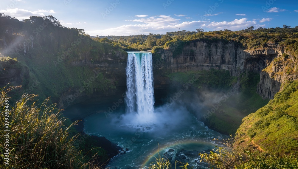 Fototapeta premium Banos waterfall in Ecuador, a natural adventure destination showcasing seasonal change, travel