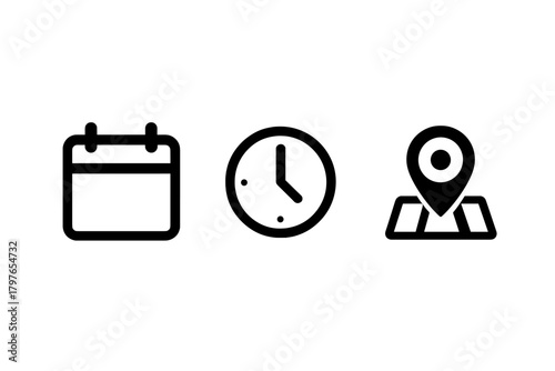 Essential line icons for scheduling, time management, and geographical location tracking