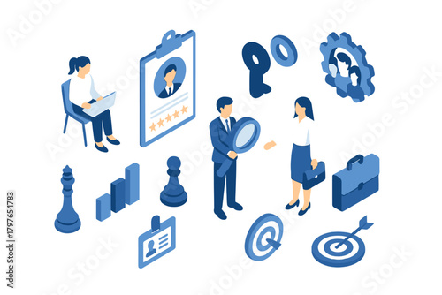 Isometric business and human resources icons set including people, resume, target, and strategy symbols