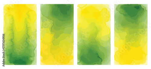 Four watercolor backgrounds in shades of green and yellow, creating a vibrant and organic texture, perfect for adding a natural touch to designs