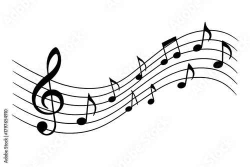 Dynamic flowing musical staff with black notes and prominent treble clef symbol