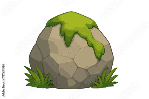 Stylized cartoon rock covered with bright green moss and small patches of grass