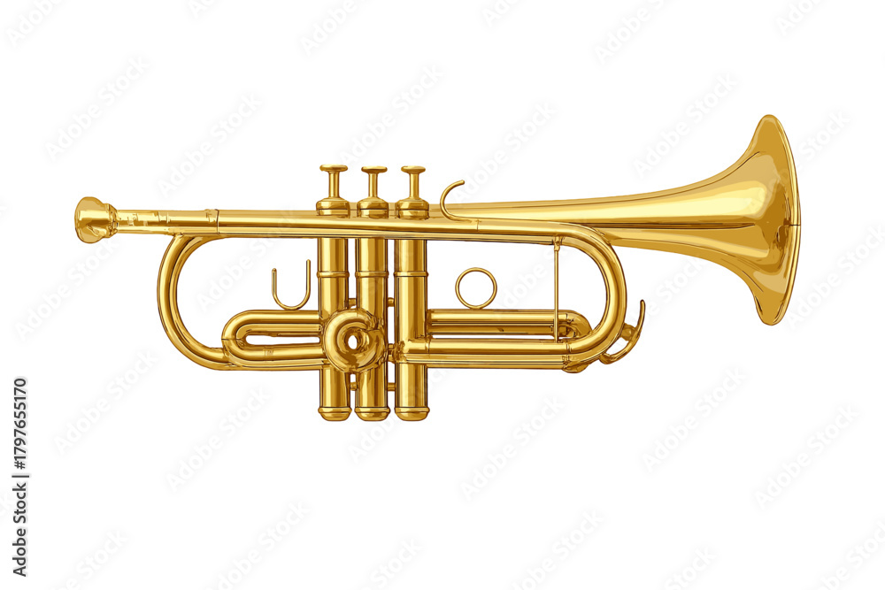 Obraz premium Highly detailed shiny golden brass trumpet wind instrument isolated on white background