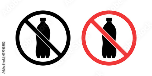 No plastic bottle sign in black and red, environmental ban concept.