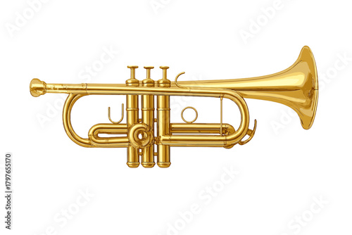 Highly detailed shiny golden brass trumpet wind instrument isolated on white background