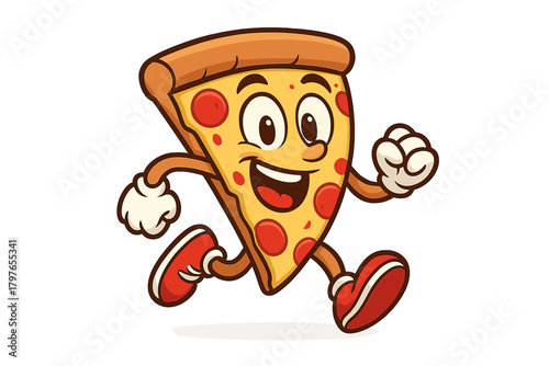 Cheerful cartoon pizza slice mascot running quickly with a big smile on its face