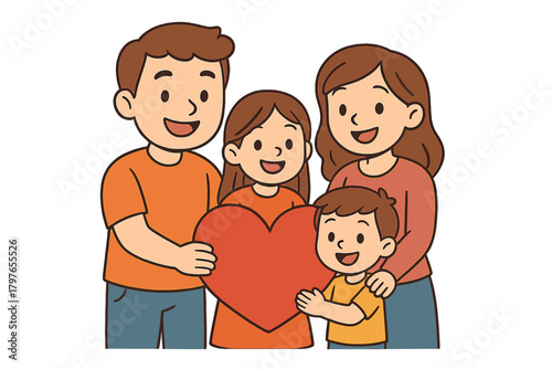 Happy parents and two children embracing a large red heart symbolizing love and unity