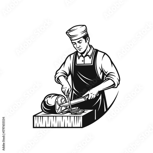 Butcher skillfully slicing meat on a wooden board.