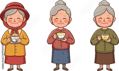 Cartoon elderly women drinking tea, floral cups, cozy moment, character design, senior lifestyle, friendship, warmth, relaxation, fashion, cheerful expression