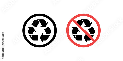 Recycle and no recycle symbols, environmental sustainability icons.