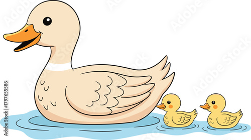 Cartoon duck family illustration, mother duck with ducklings, cheerful water scene, animal parenting, children’s art, playful nature design